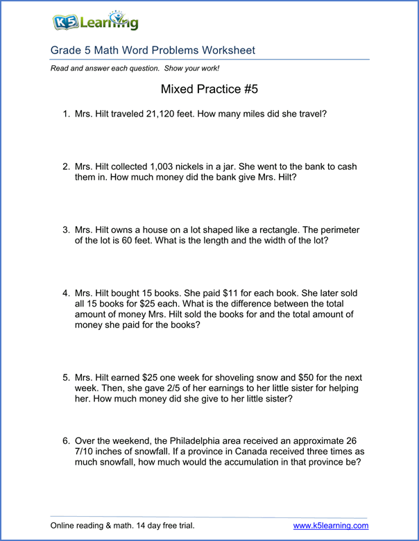 5th grade math word problems worksheets pdf